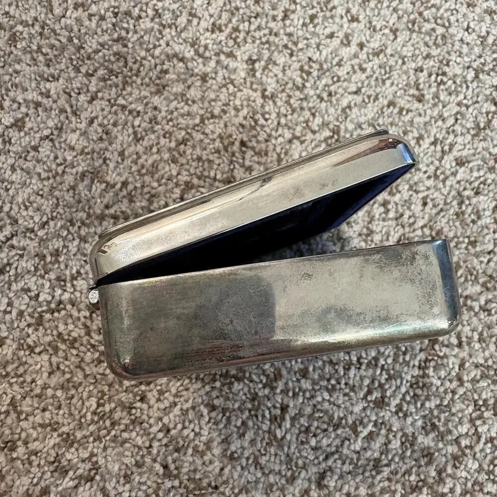 Vintage Silver-Plated Jewelry Box Gold Tone Bow, Blue Felt Interior with Mirror